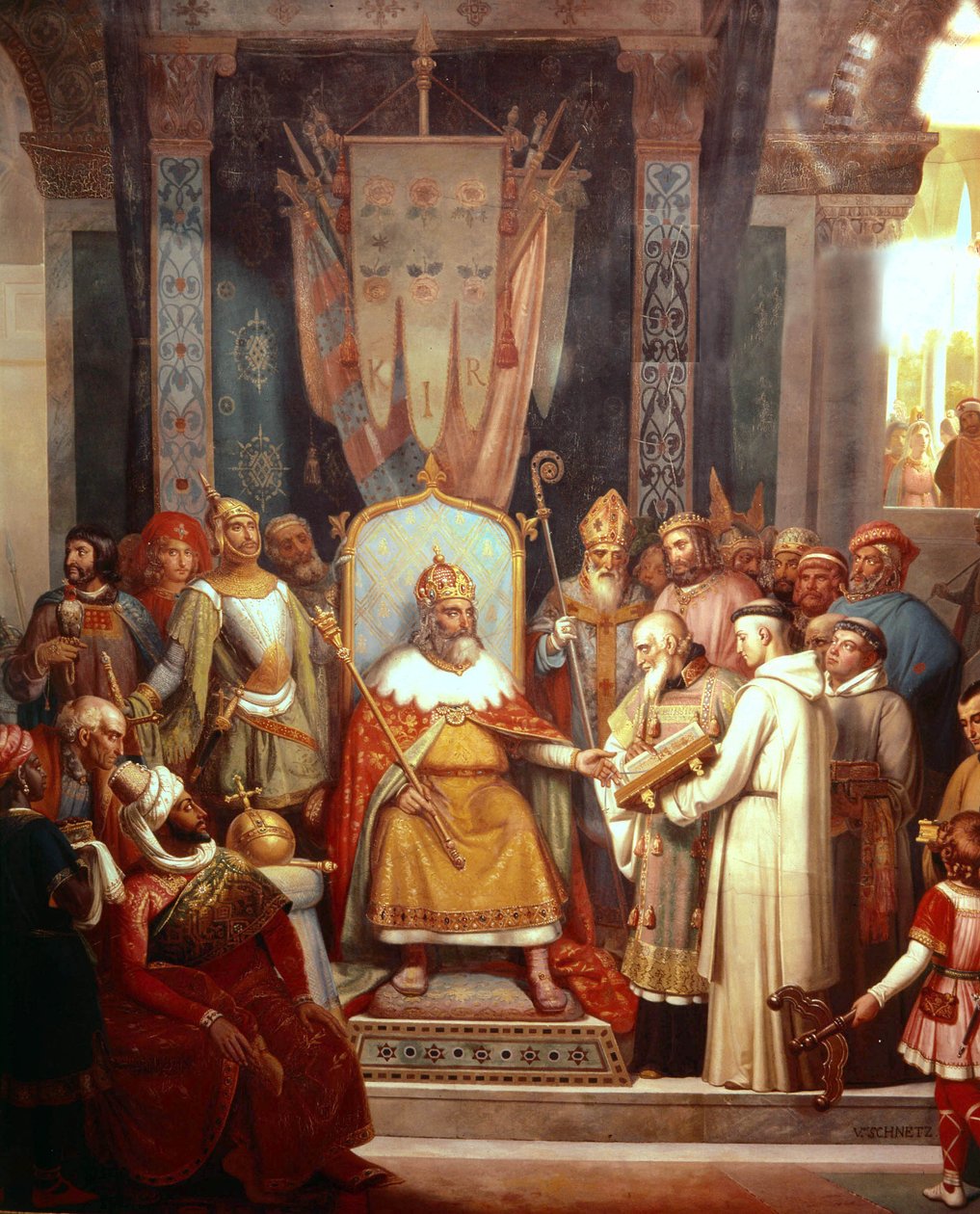 Rey francés Carlomagno con Alcuino de French School