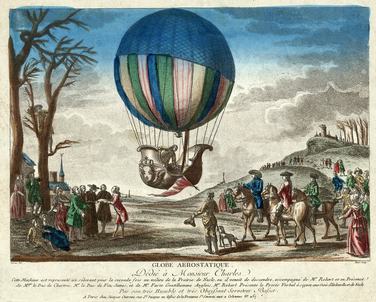 Globo Aerostático, dedicado a Monsieur Charles, pub. 1783 (grabado coloreado a mano) de French School