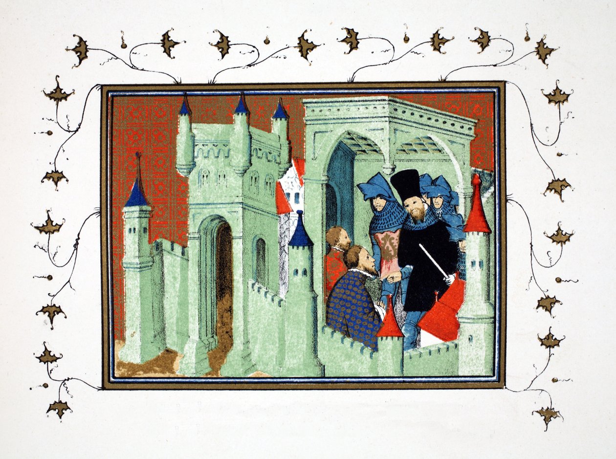 Interior del Castillo de Chester cuando los Duques de Exeter y Surrey entregan el mensaje del Rey al Duque de Lancaster, copia facsímil de Le Prinse et Mort du Roy Richart por Jean Creton, reimpreso en el siglo XIX de French School