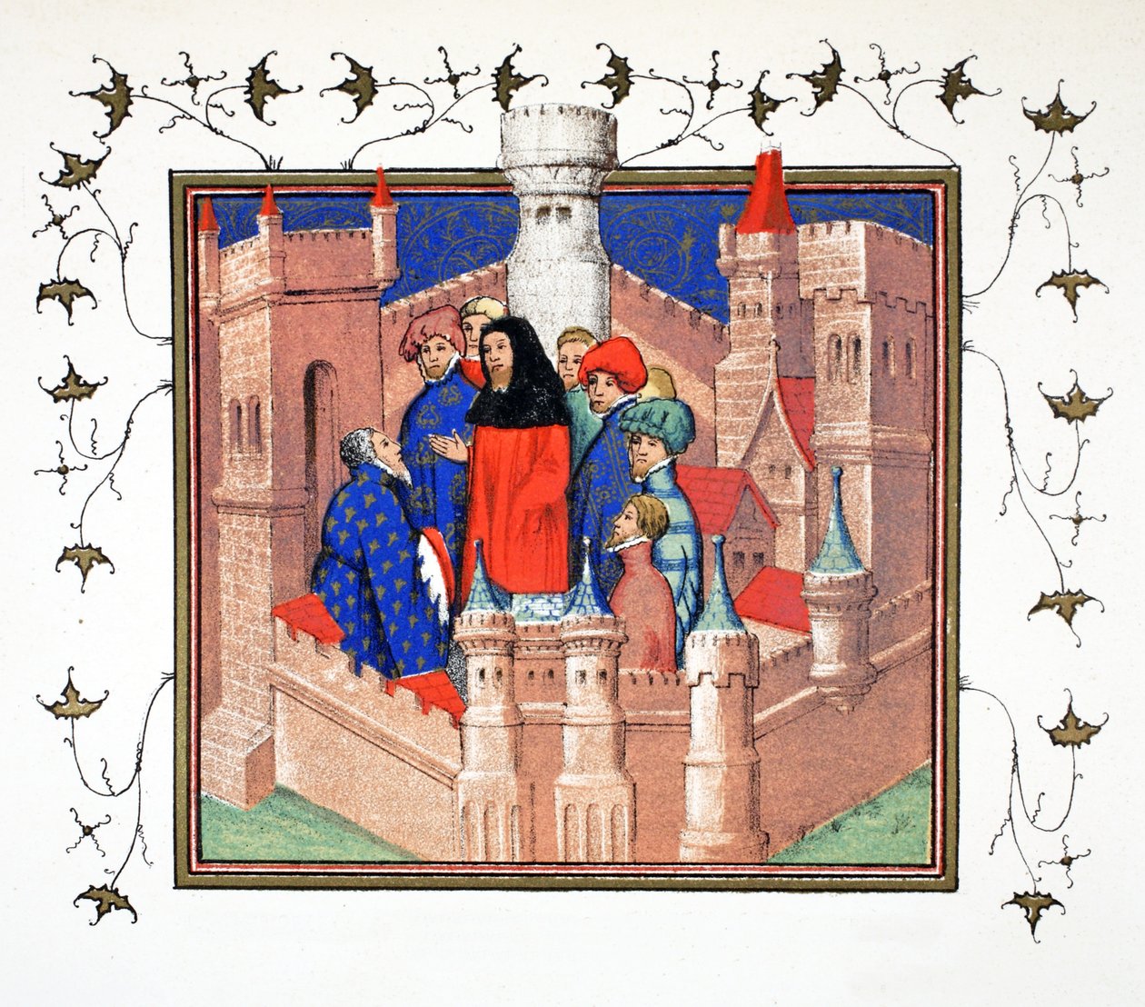 Interior del Castillo de Conway y el Conde de Northumberland entregando su falso mensaje a Ricardo II, copia facsímil de Le Prinse et Mort du Roy Richart por Jean Creton, reimpreso en el siglo XIX de French School