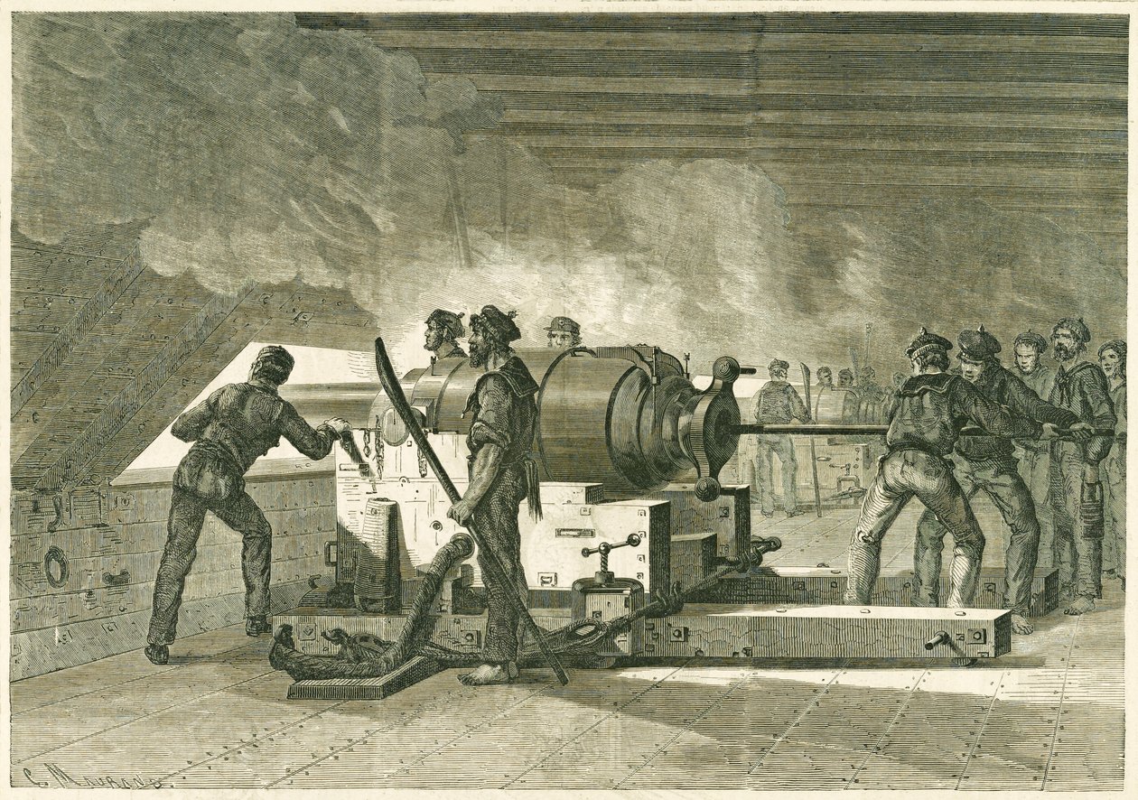 Intérieur de la batterie du Merrimac, pendant le combat avec le Monitor, publicado 1862-1865 de French School