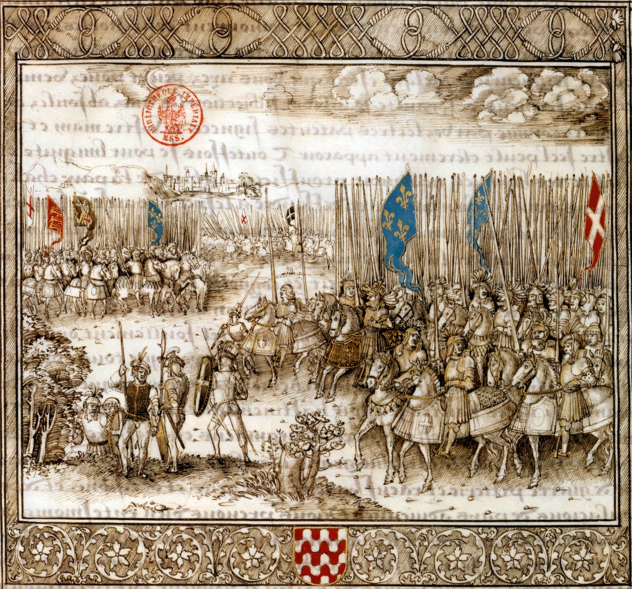 Juana de Arco y el ejército francés en guerra, ilustración de Chronique de Enguerrand de Monstrelet de French School