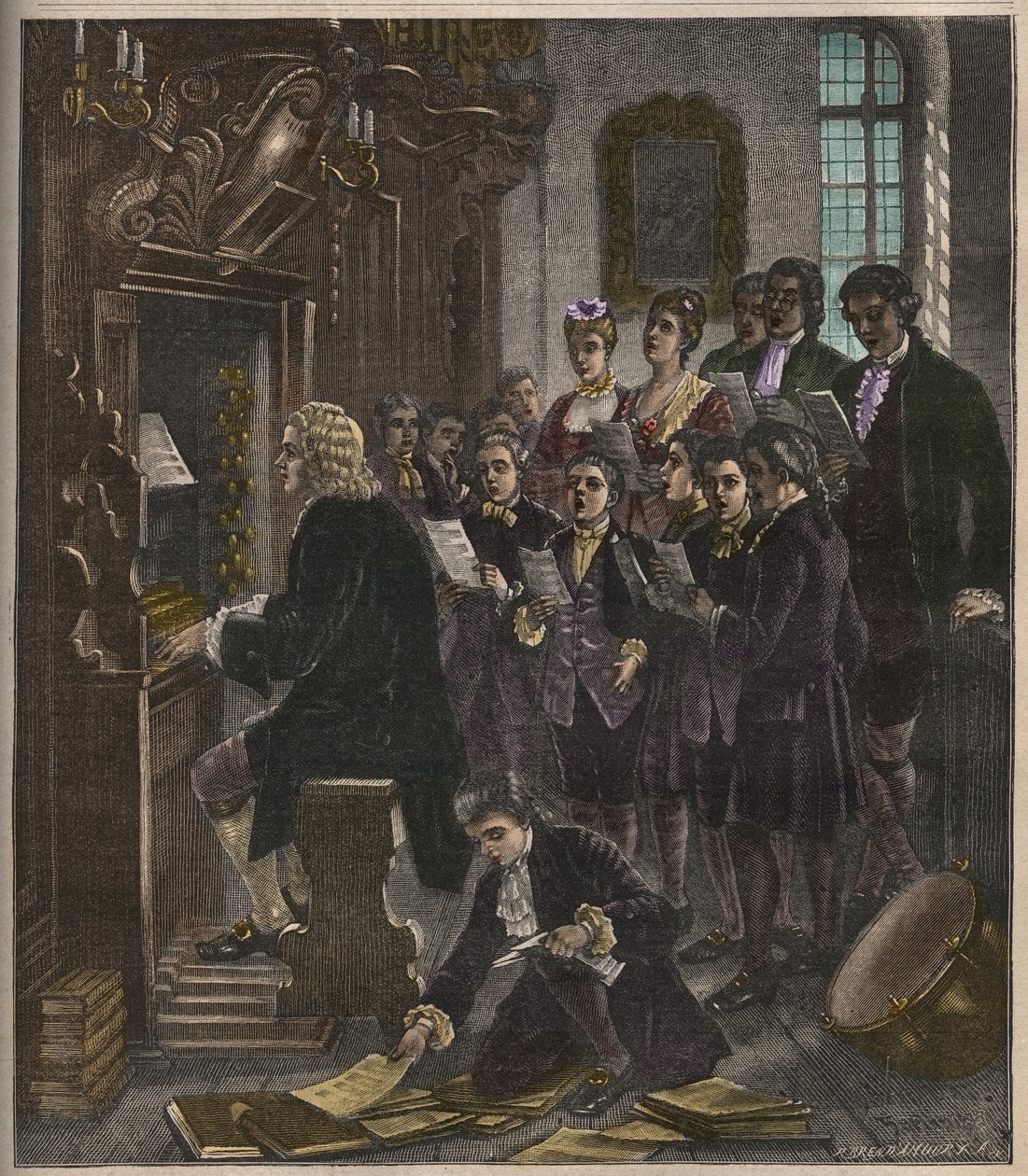 Johann Sebastian Bach tocando el órgano en la Escuela St. Thomas, Leipzig, ilustración de La música popular, 1882 de French School