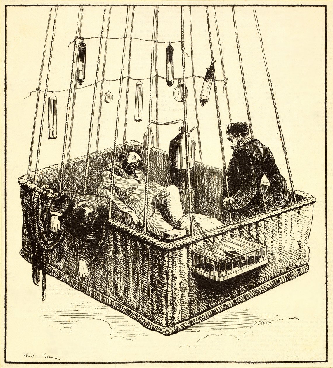 Joseph Crocé-Spinelli, Henri Sivel y Gaston Tissandier en la cesta del globo, Zénith, después de perder el conocimiento por falta de oxígeno tras alcanzar una altitud de casi 28,000 pies, cerca de P de French School