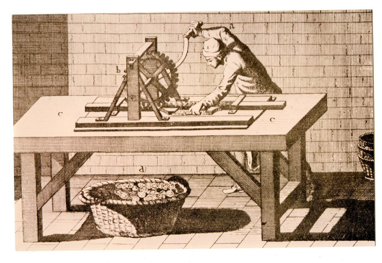 Marcado del borde de las monedas con una máquina de marcado de borde de barra paralela, de la Encyclopédie de Denis Diderot y Jean le Rond d