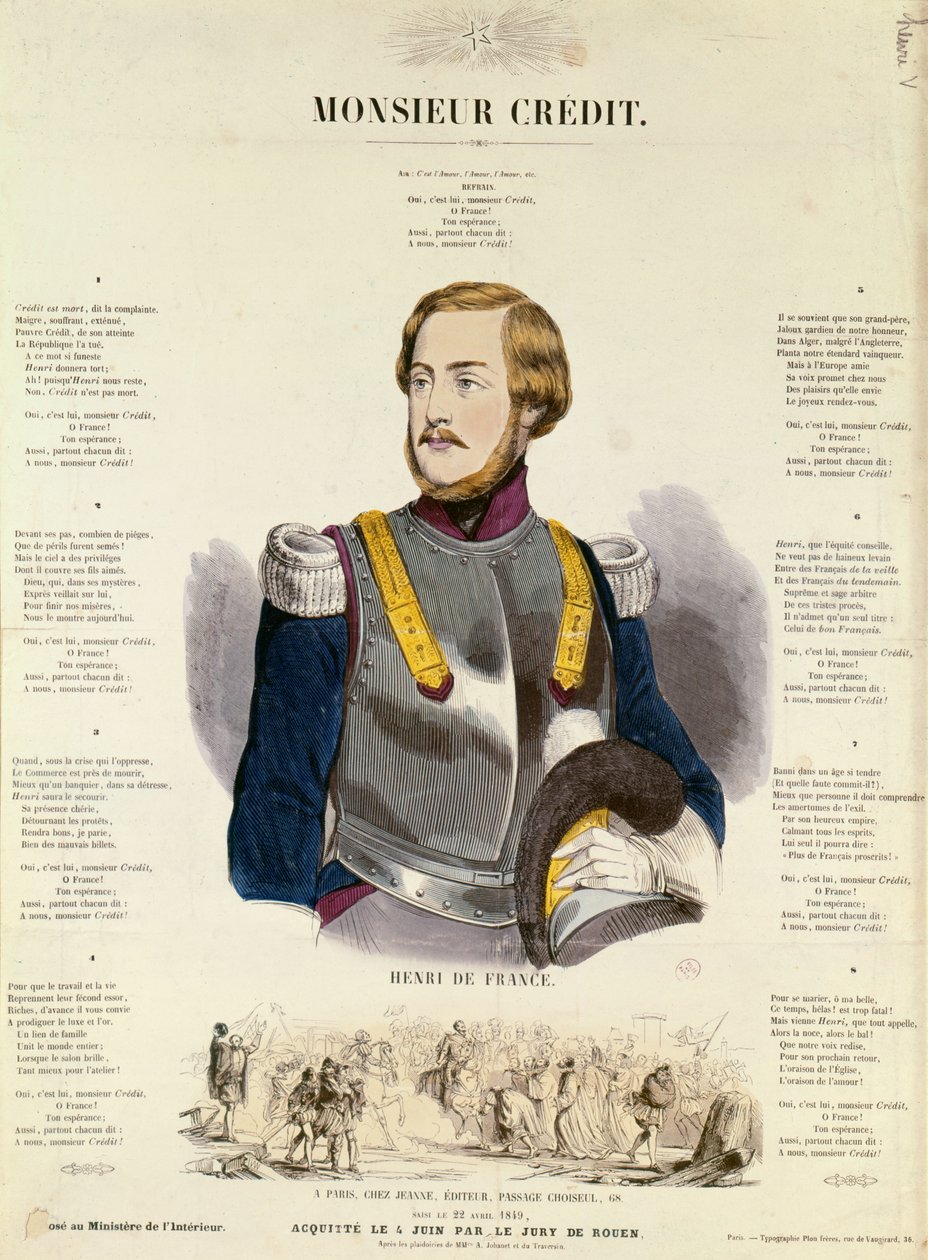 Monsieur Credit, propaganda realista francesa elogiando a Henri Charles Ferdinand Marie Dieudonné de Francia, Duque de Burdeos, Conde de Chambord de French School