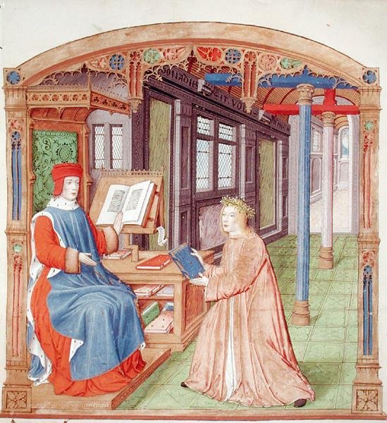 Ms 493 fol.19 Virgilio (70-19 a.C.) ofreciendo su libro a Mecenas, de Las Églogas de Virgilio con un comentario de Servio, 1469 de French School