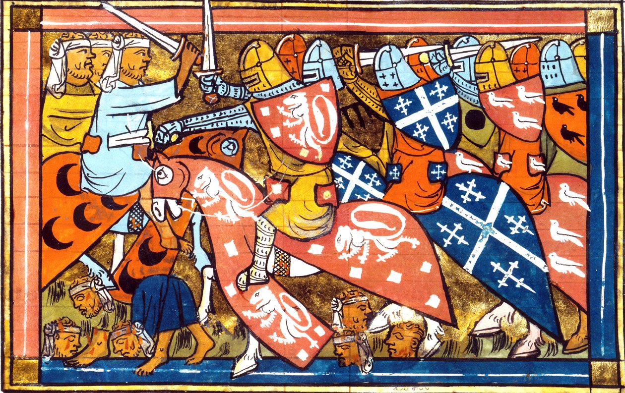 Batalla de Damietta en Egipto en 1218-1219, durante la quinta cruzada (1217-1221) de Historia por Guillaume de Tyr, 1337 de French School