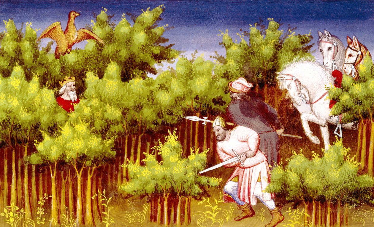 Genghis Khan escapa de sus enemigos escondiéndose en los arbustos, del Libro de las Maravillas del Mundo, c.1410-12 de French School