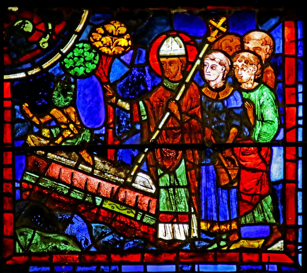 San Martín exorcizando un demonio de la tumba de un supuesto mártir, escena de la Vida de San Martín, Catedral de Chartres de French School