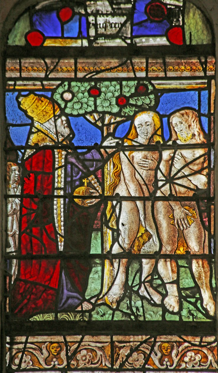 Vidriera que representa a Adán y Eva amonestados por comer del Árbol del Conocimiento de French School