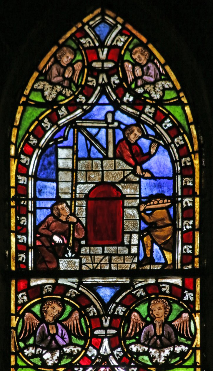 Vidriera que representa la construcción de la Torre de Babel de French School