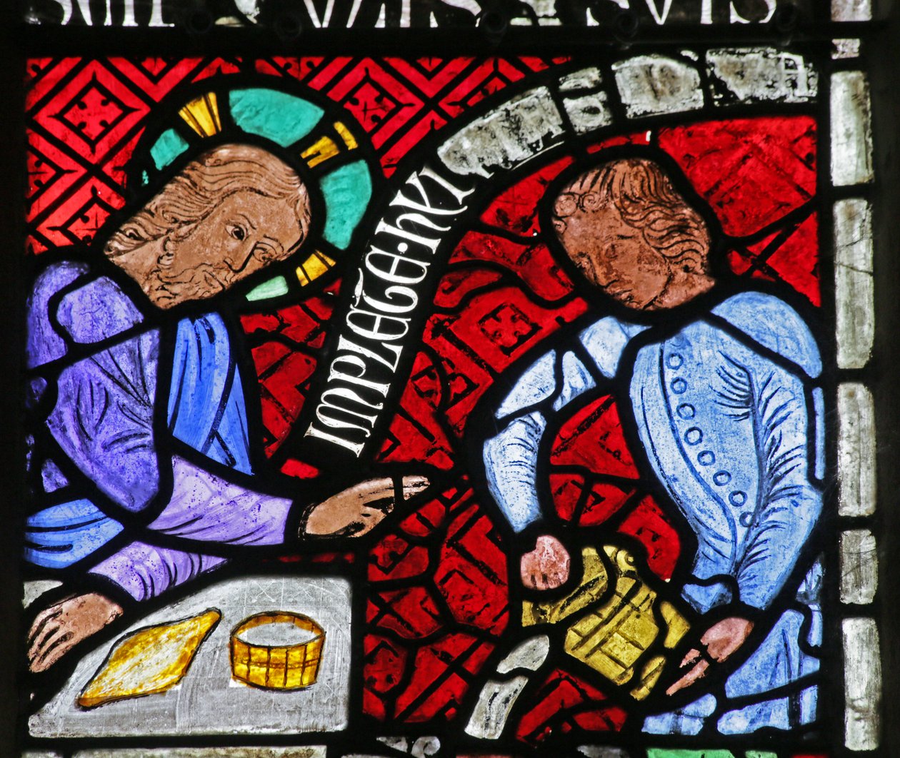 Ventana que representa a Cristo y un sirviente en las Bodas de Caná de French School