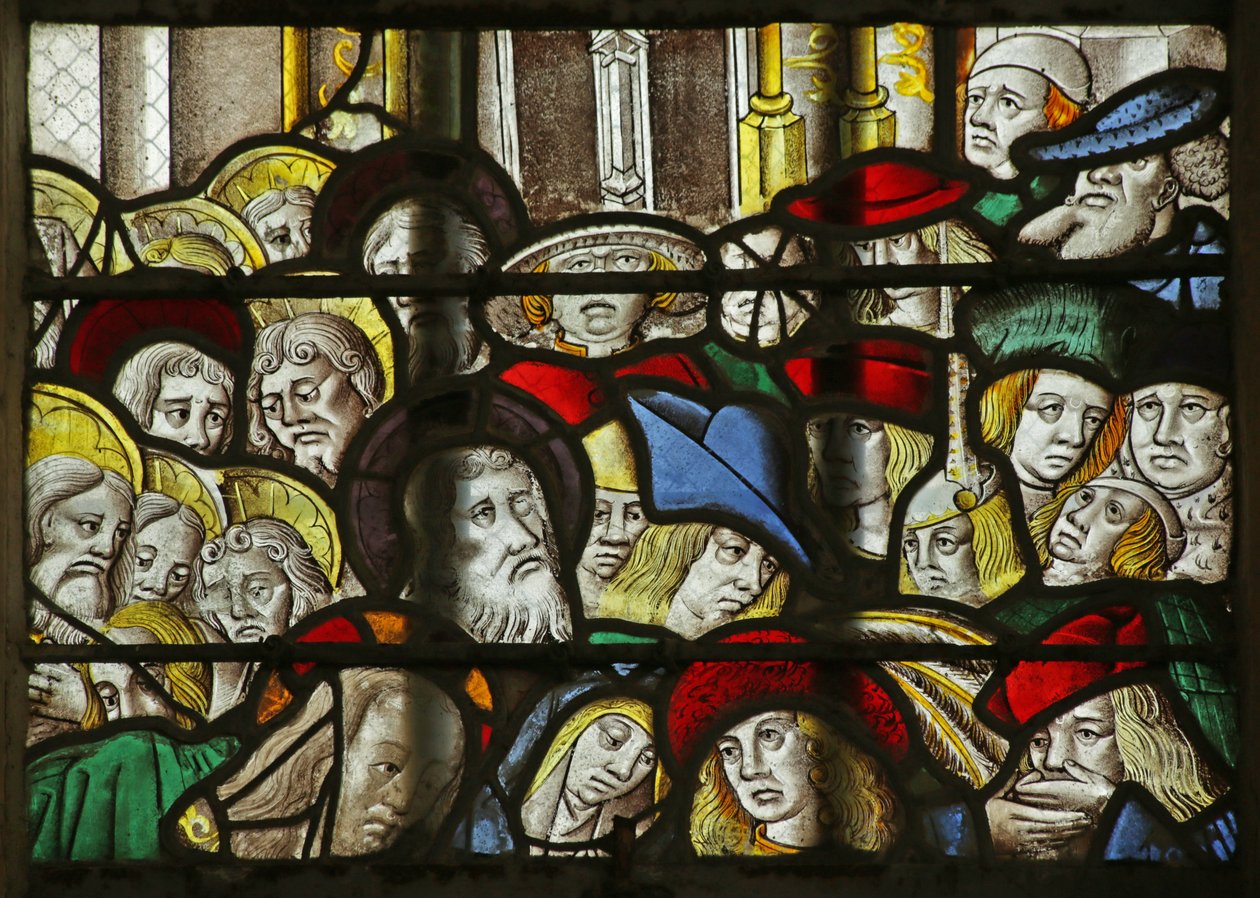 Ventana que representa la multitud en la resurrección de Lázaro de French School