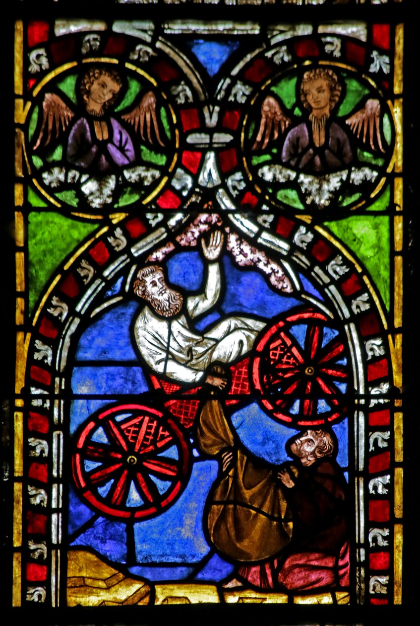 Vidriera que representa a Elías ascendiendo al cielo de French School