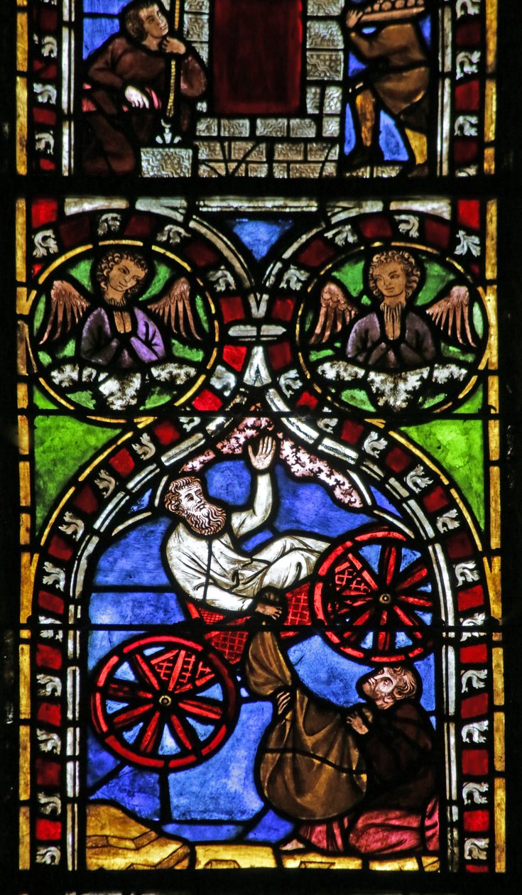 Vidriera que representa a Elías ascendiendo al cielo en un carro de French School