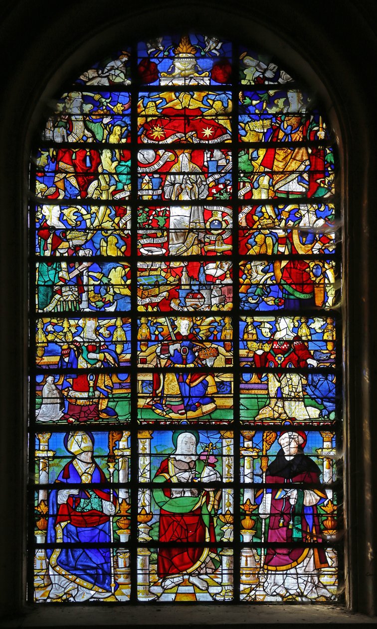 Vidriera que representa la Letanía de la Virgen y Tres Santos de French School