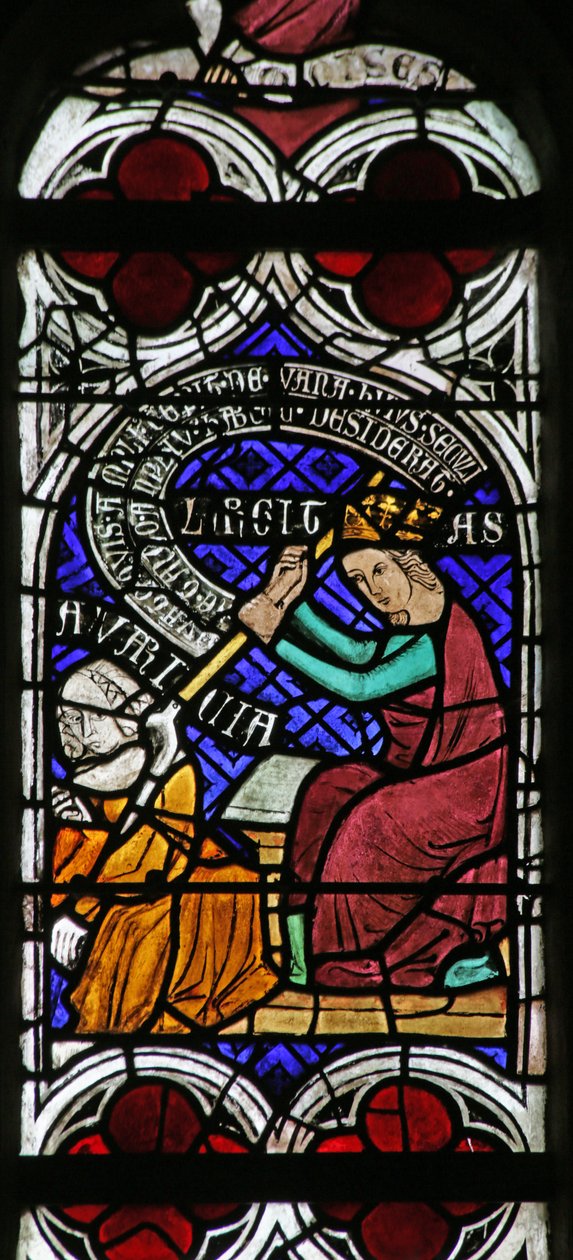 Ventana que representa la Psychomachia: Generosidad y Avaricia de French School