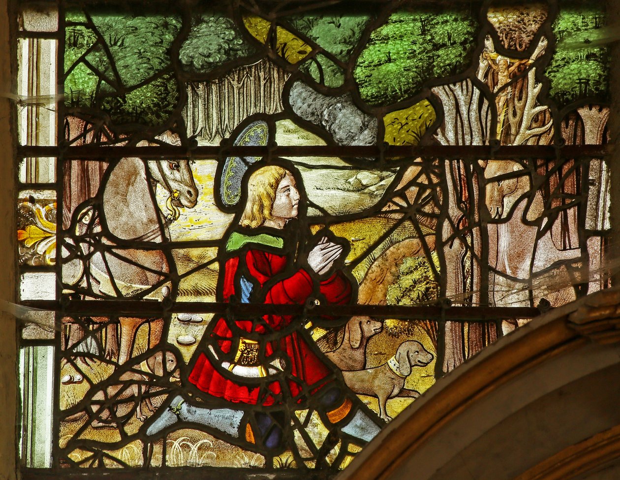 Ventana que representa a San Eustaquio teniendo una visión de Cristo entre las Astas del Ciervo de French School