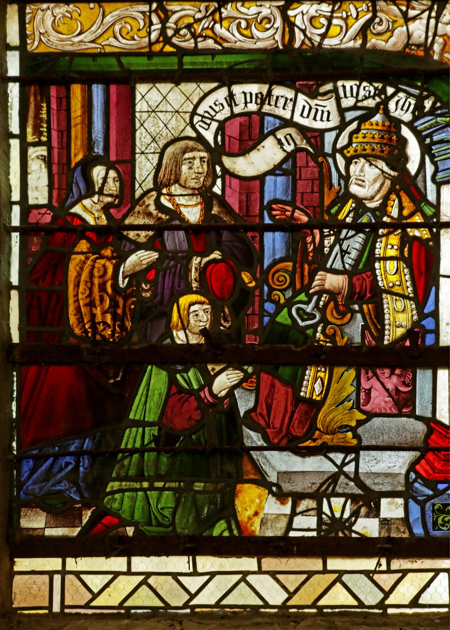 Vidriera que representa a San Pedro como Papa recibiendo a los Donantes de French School