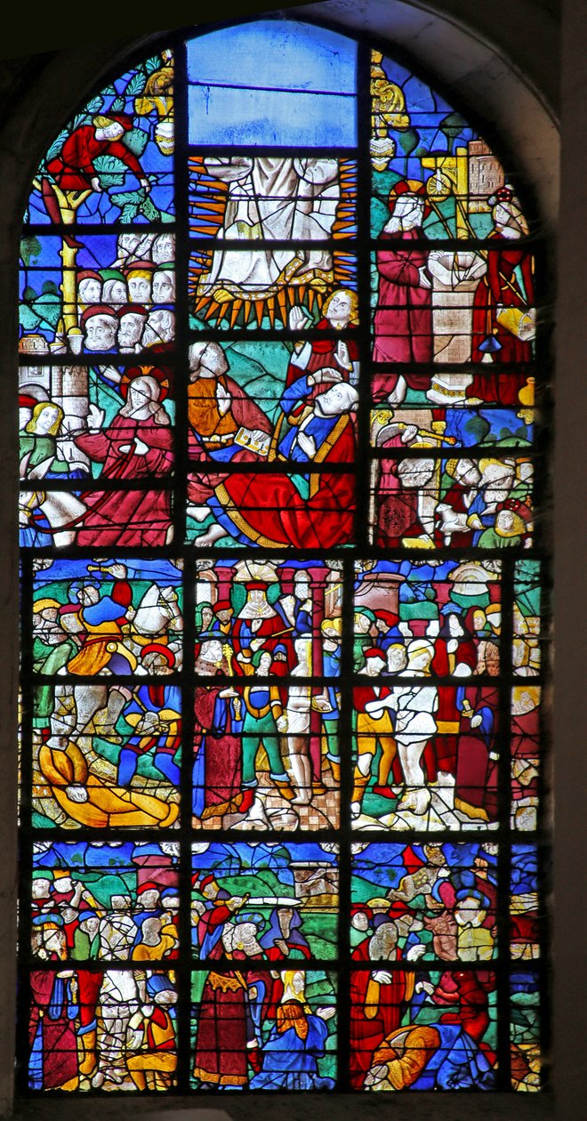 Vidriera que representa Escenas de la vida de Santa Bárbara, de la Pasión y la Transfiguración de French School