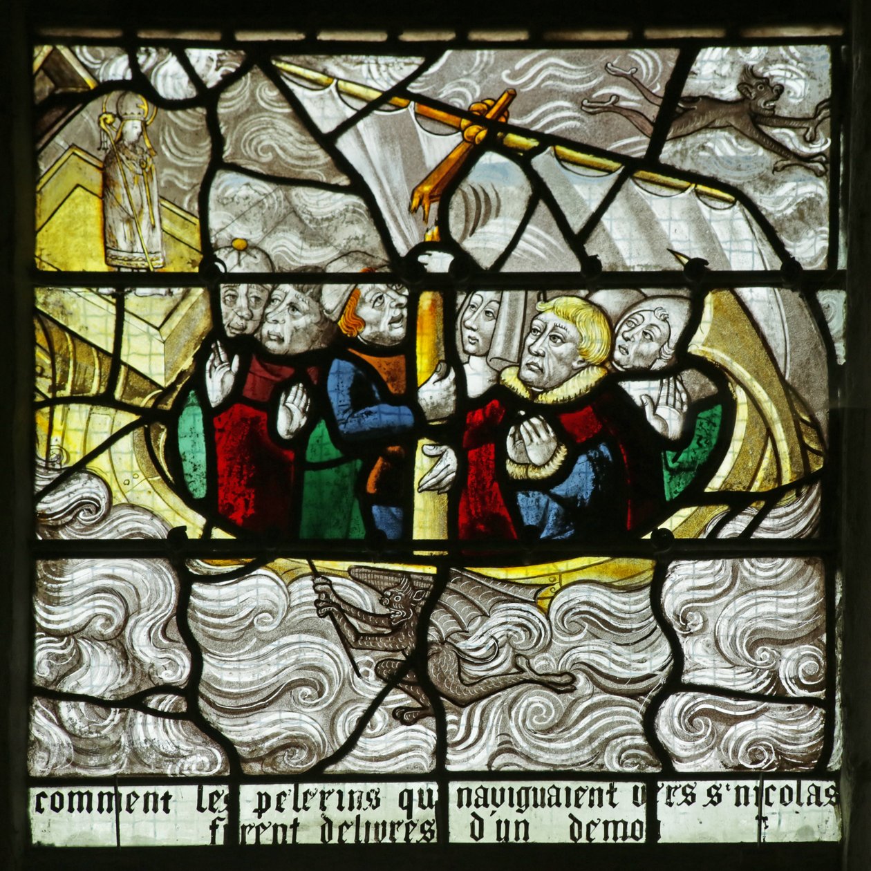 Vidriera que representa a San Nicolás apareciendo y rescatando a viajeros mientras su barco se hunde, 1460-1470 de French School