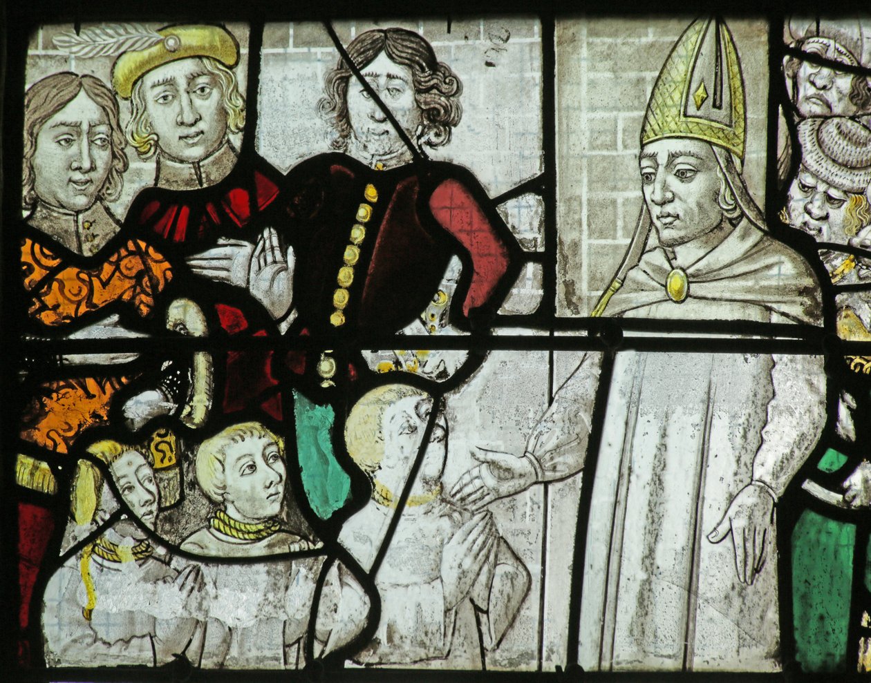Vidriera que representa a San Nicolás rescatando a tres niños de French School