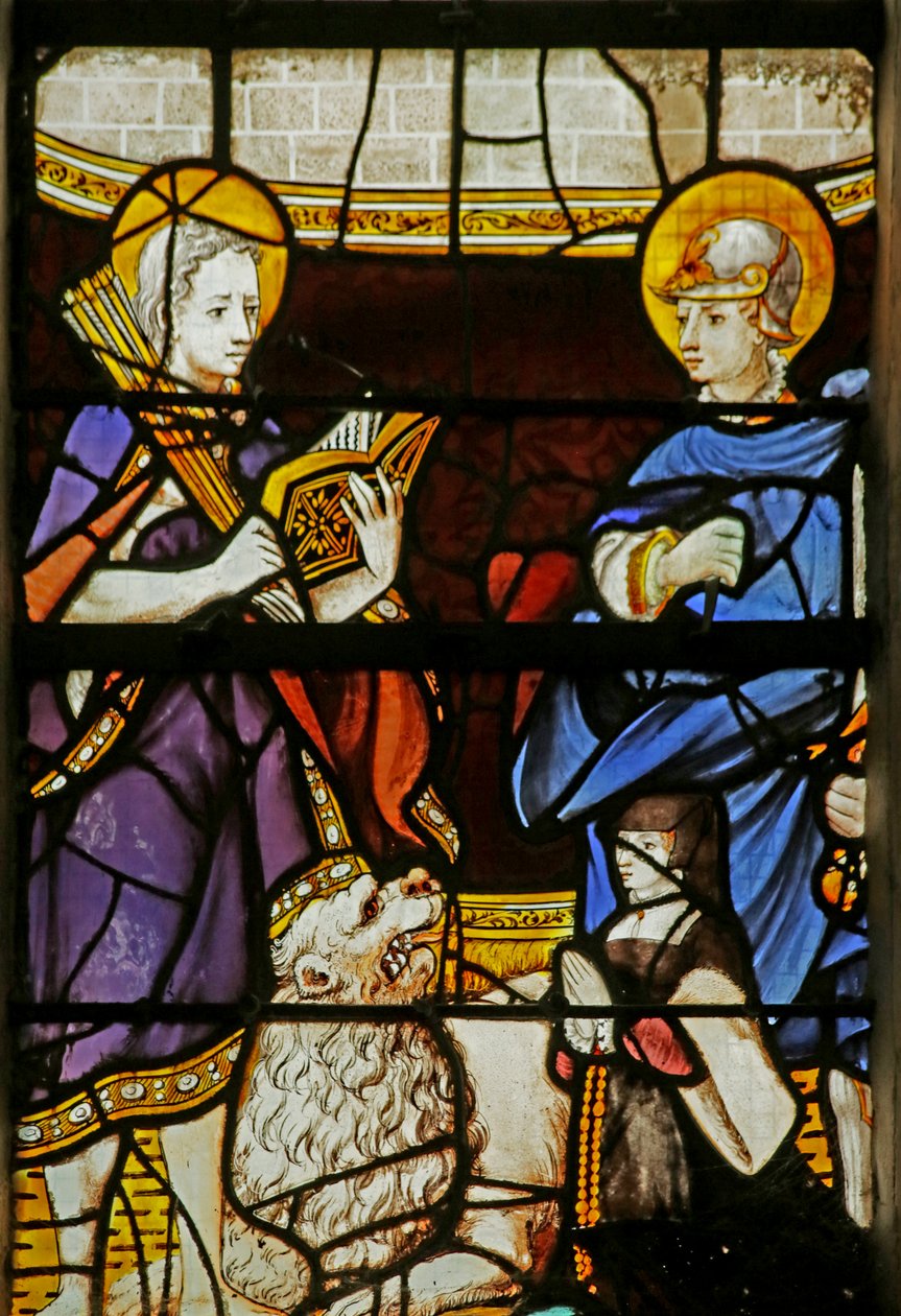 Vidriera que representa a San Sebastián y San Adrián y un donante de French School