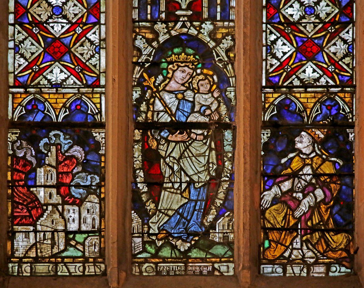 Vidriera que representa a la Virgen y el Niño y un donante papal de French School