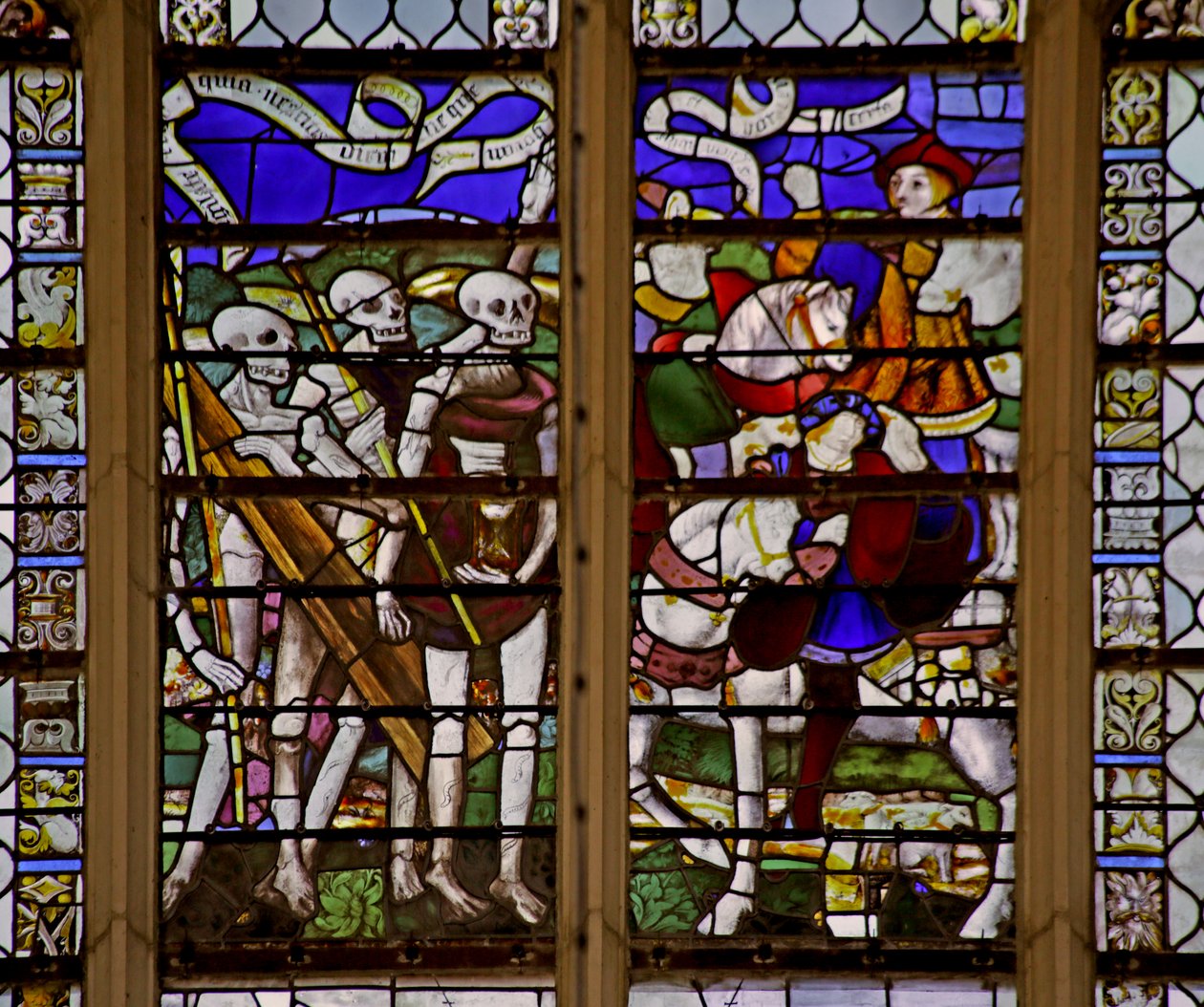 Vidriera que representa la Ventana de tres vivos y tres muertos de French School