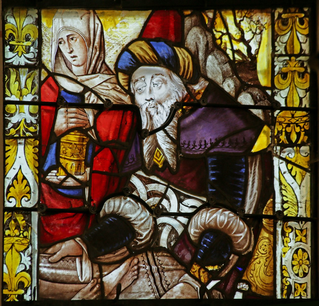 Vidriera que representa una escena incompleta con Santa María Magdalena y un José de Arimatea de French School