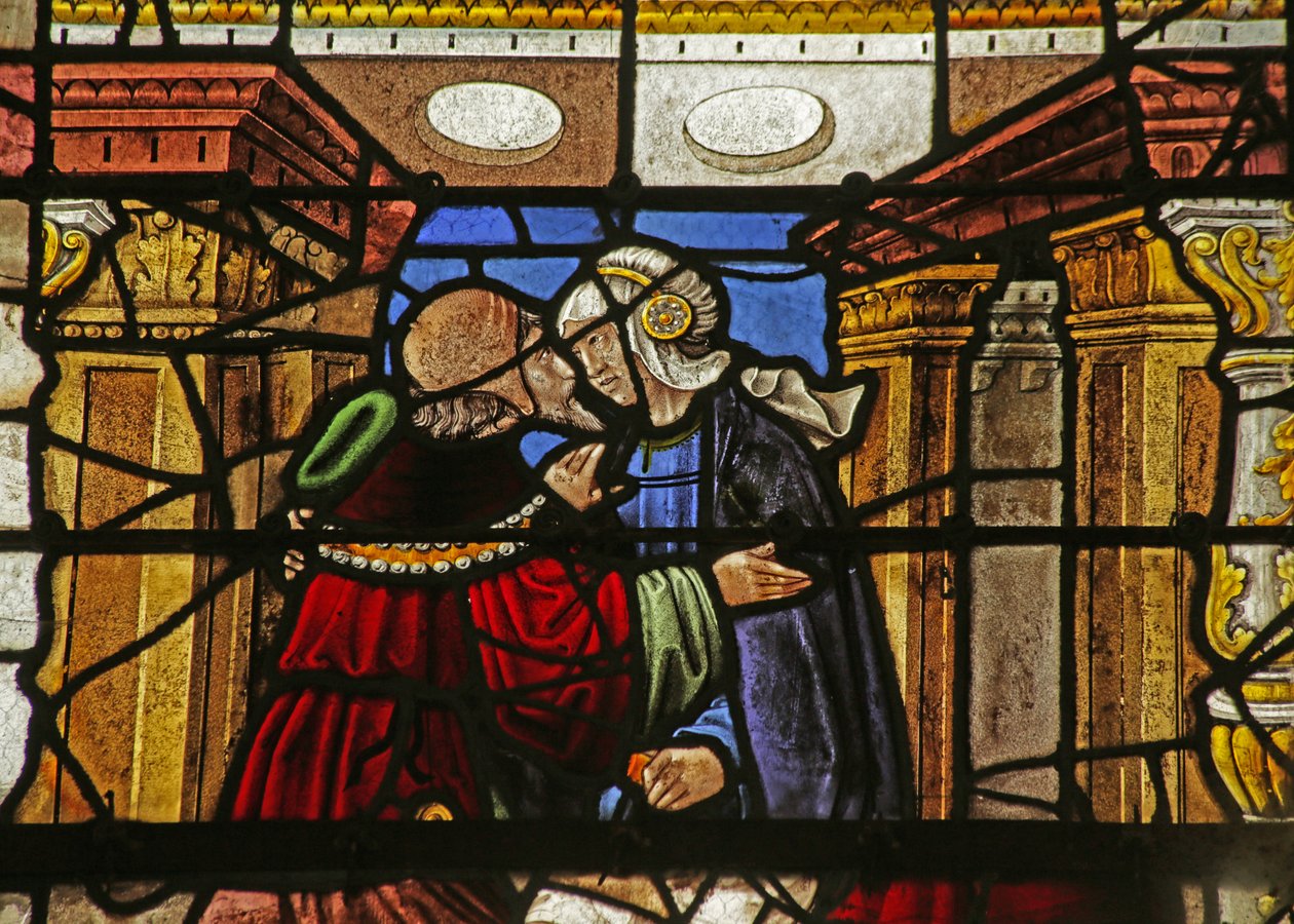 Vidriera que representa parte de las ventanas: la Flagelación, el Encuentro en la Puerta Dorada de French School