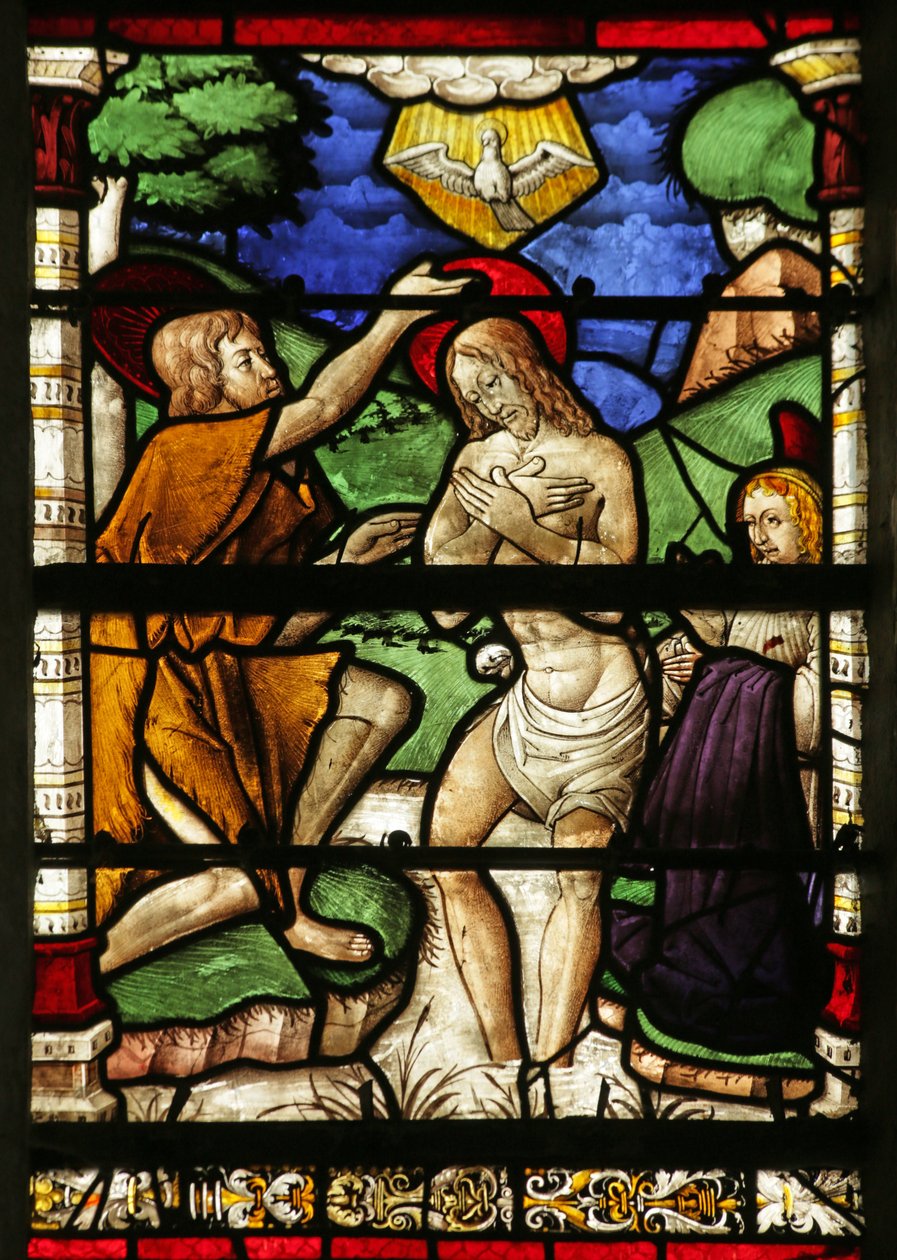 Ventana que representa el Bautismo en el Río Jordán de French School