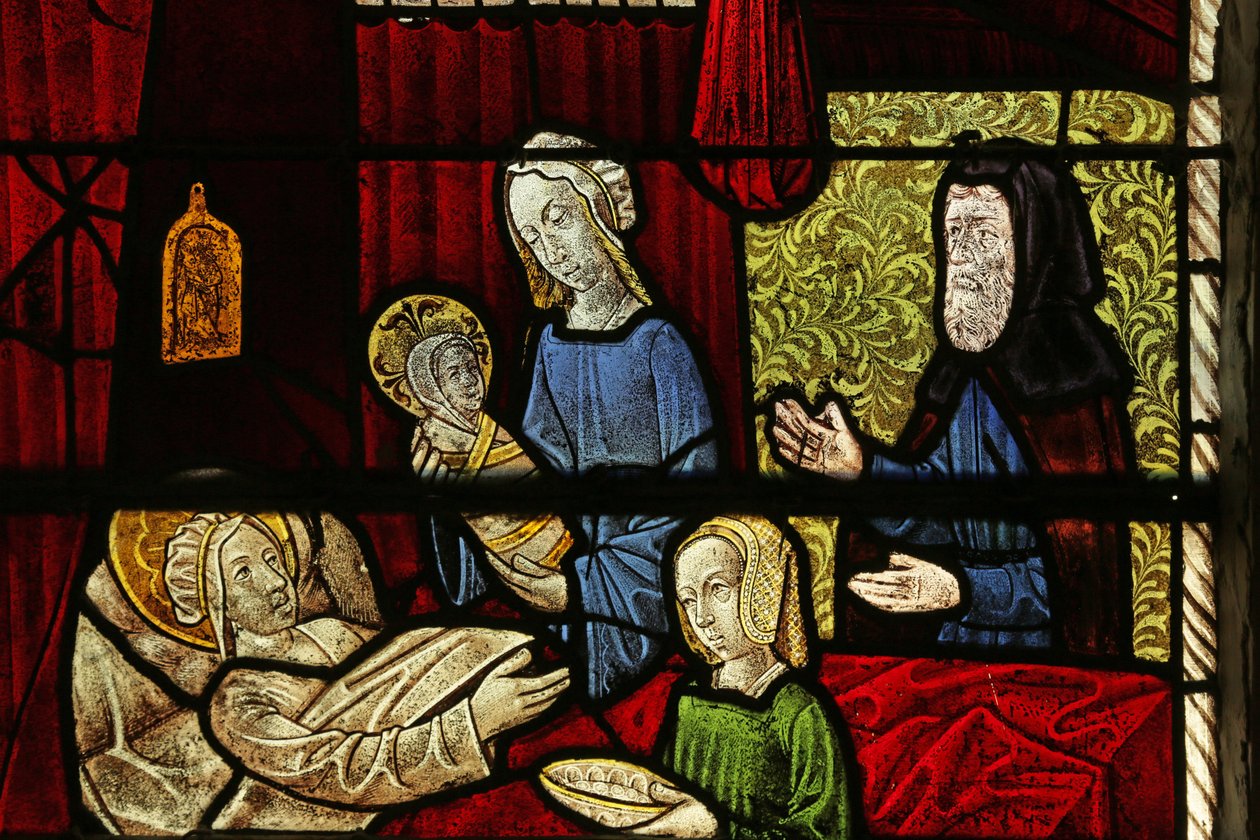 Vidriera que representa el Nacimiento de la Virgen María de French School