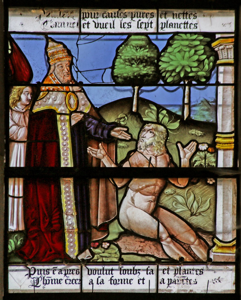 Vidriera que representa la Creación de Adán de French School