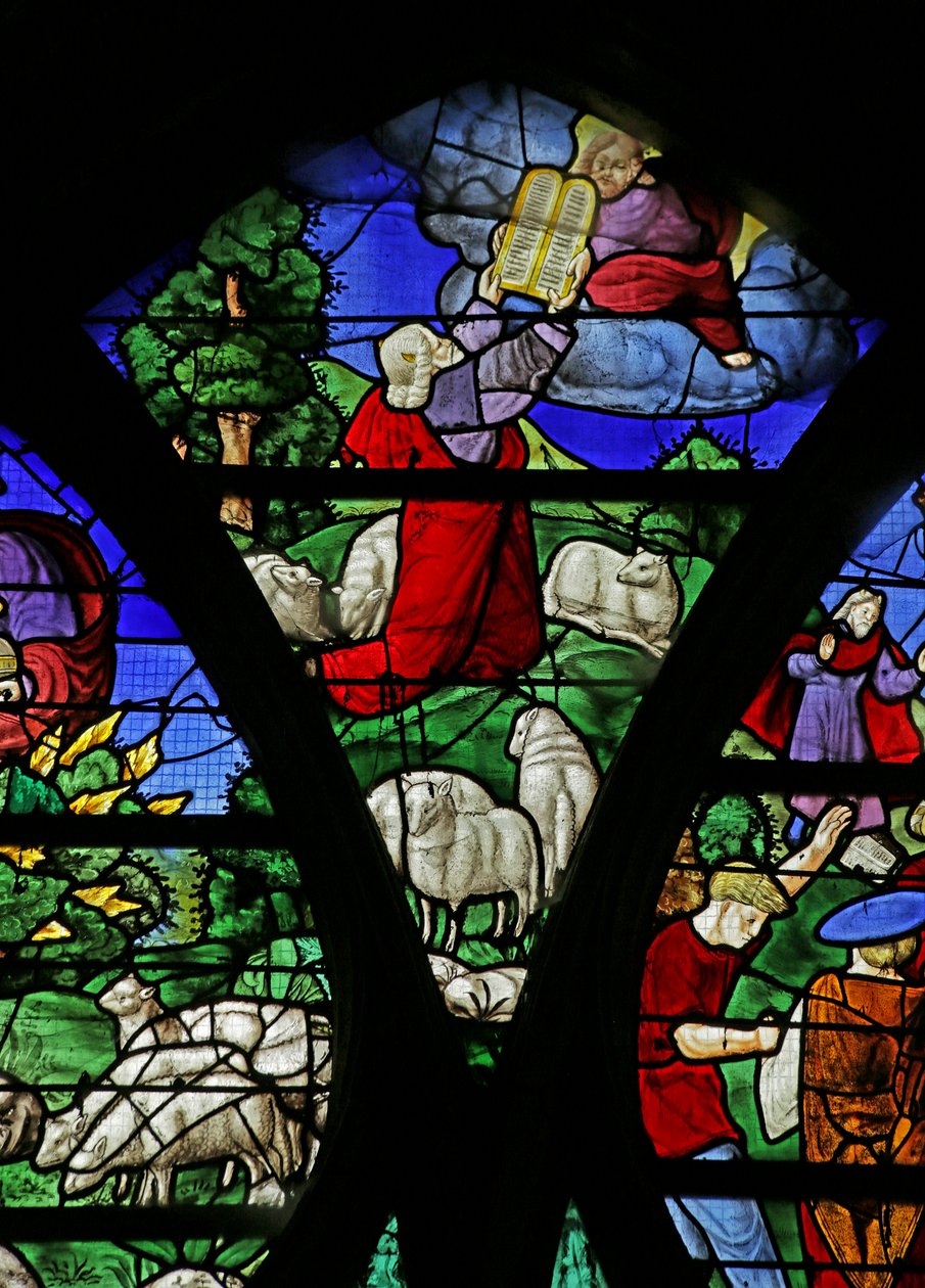 Vidriera que representa a los israelitas recogiendo maná en el desierto, 1534 de French School