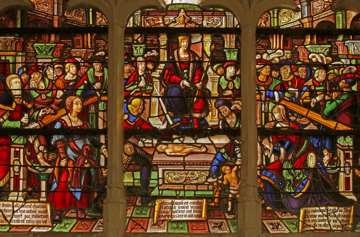 Ventana que representa el juicio de Salomón de French School
