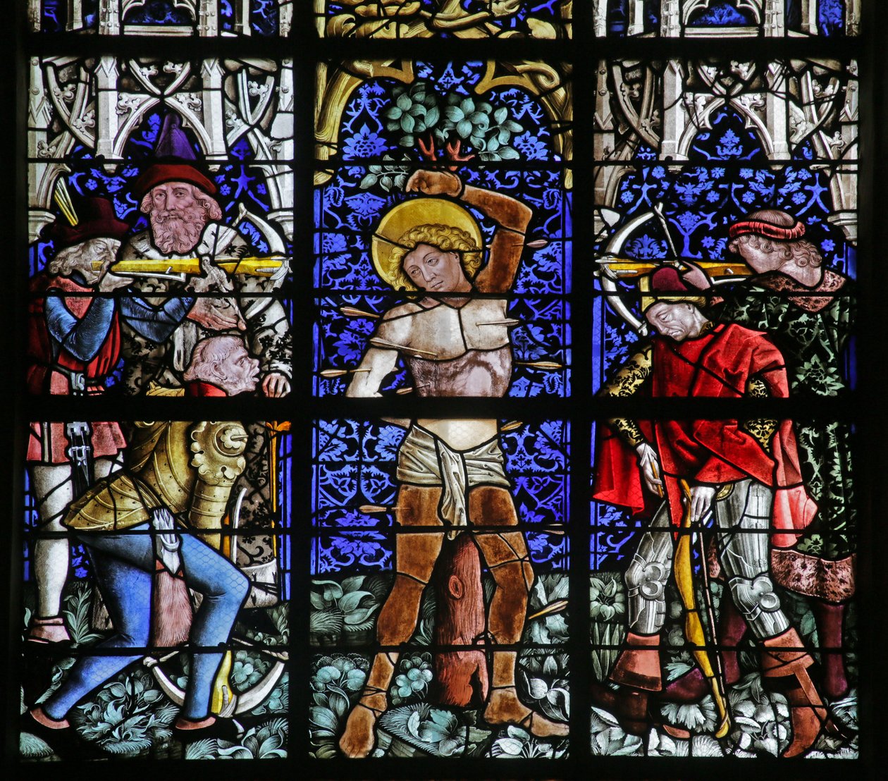 Vidriera que representa el Martirio de San Sebastián de French School