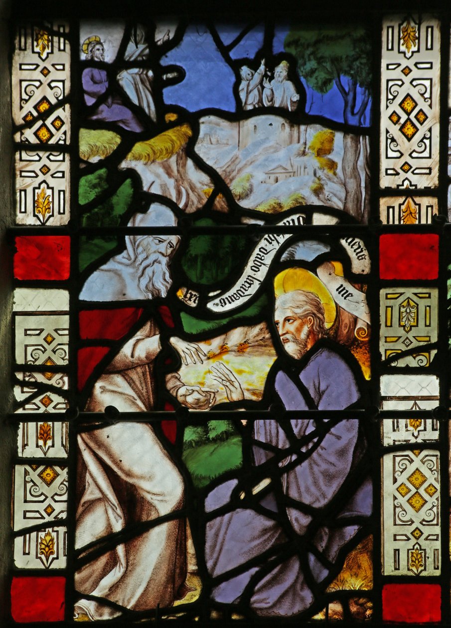 Ventana que representa la Tentación de Cristo en el desierto de French School