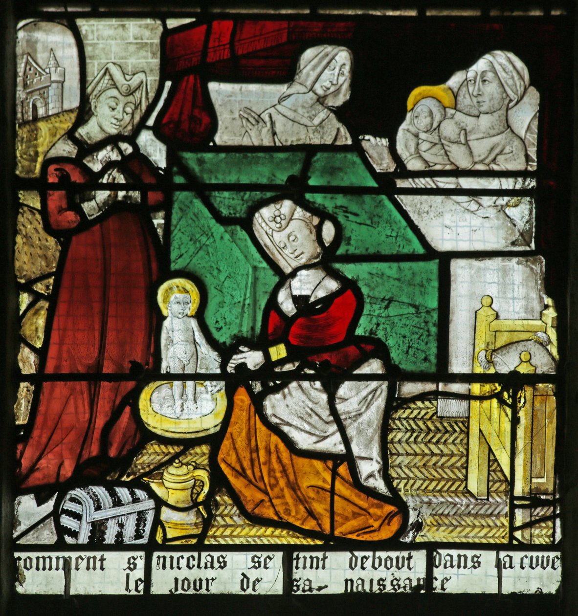 Vidriera que representa el nacimiento de San Nicolás, 1460-70 de French School