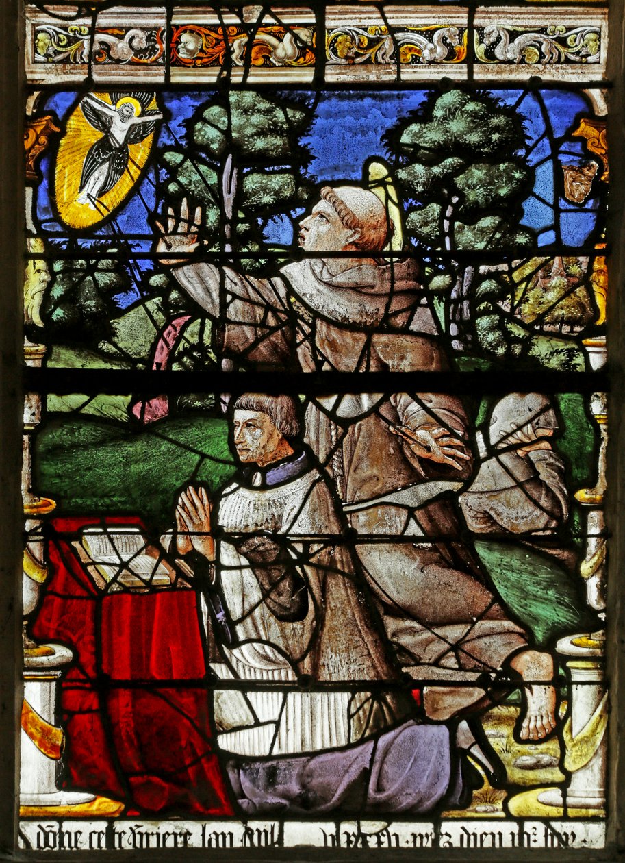 Vidriera que representa al donante con San Francisco recibiendo los Estigmas de French School