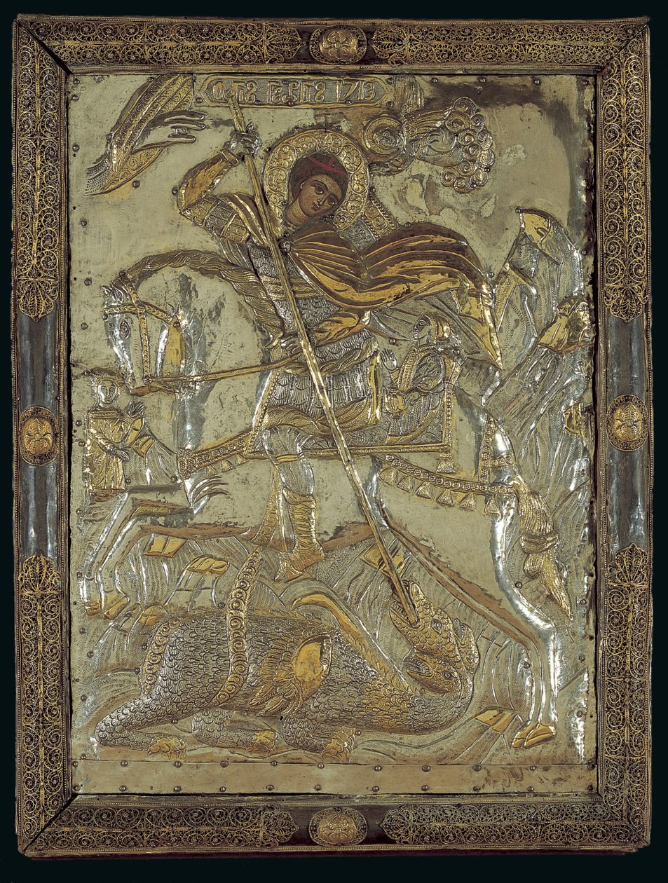 Icono de San Jorge Matando un Dragón de Tres Cabezas, 1713 de Greek School