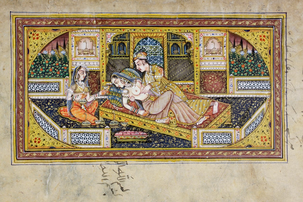 Un hombre corteja a una mujer en una escena de tocador, pintura en miniatura de Rajastán de Indian School