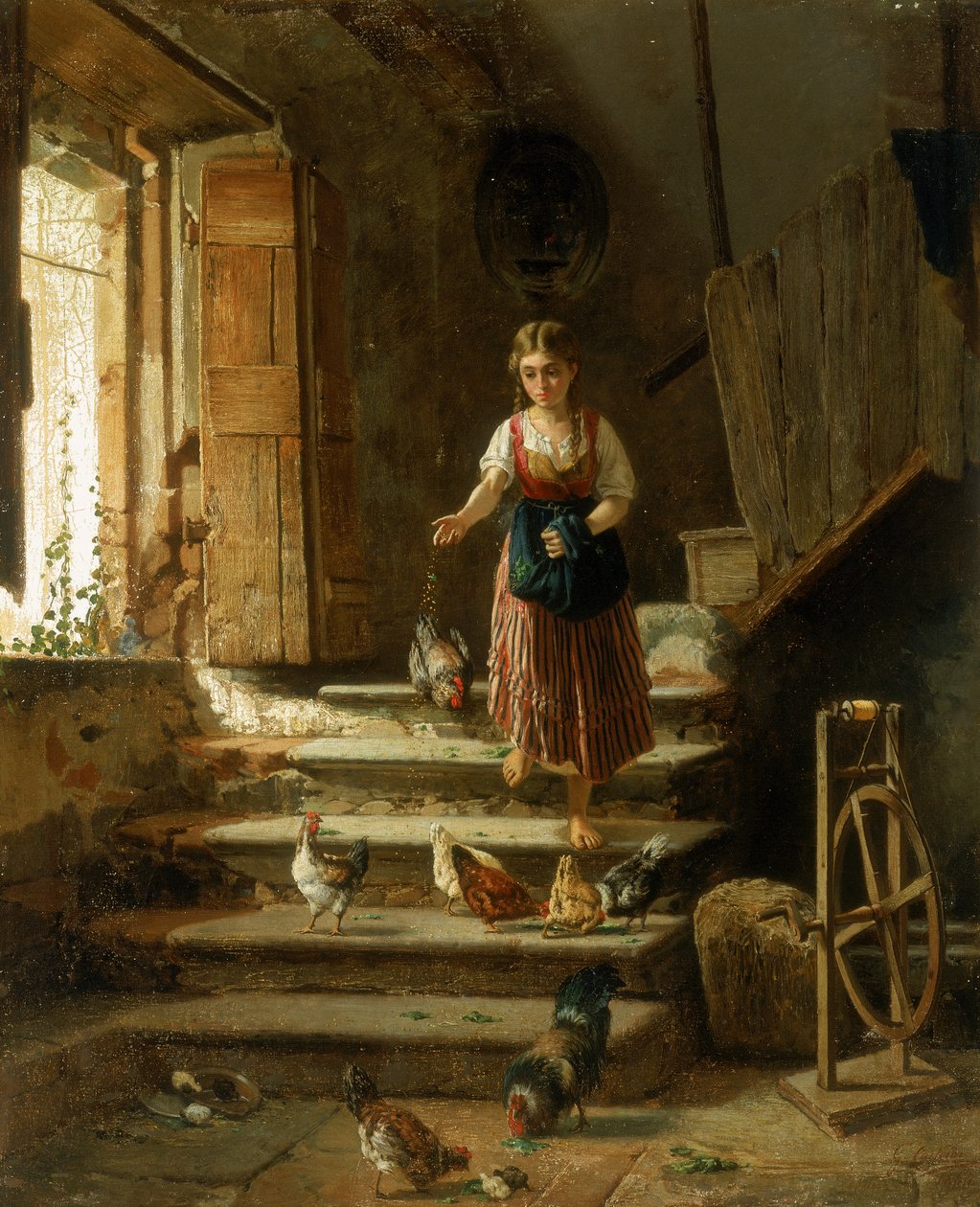 Una campesina y gallinas de Italian School