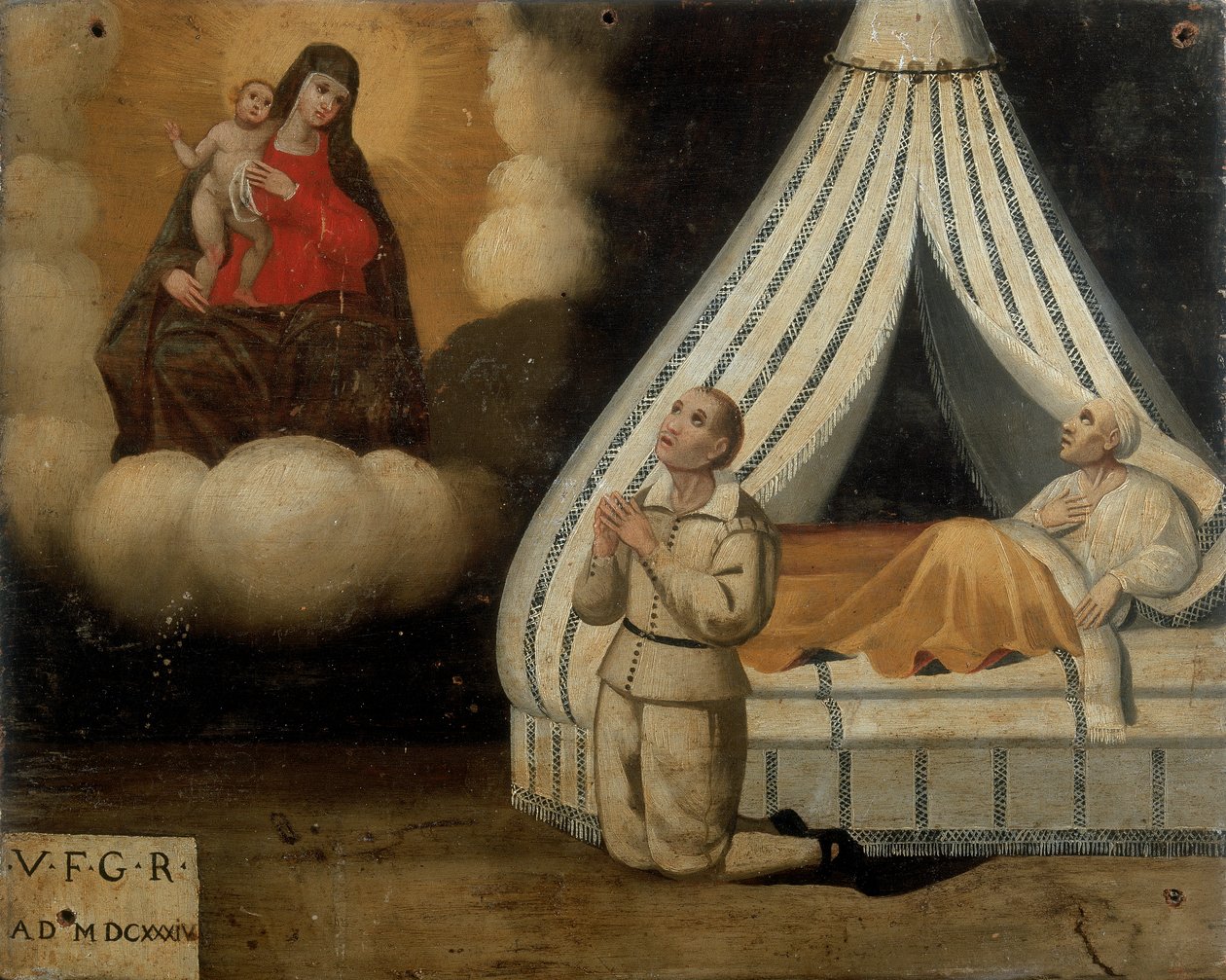 Un hombre en cama durante una enfermedad; a la izquierda, el mismo hombre rezando a la Madonna del Arco por la gracia recibida, Ex-voto, 1603 de Italian School