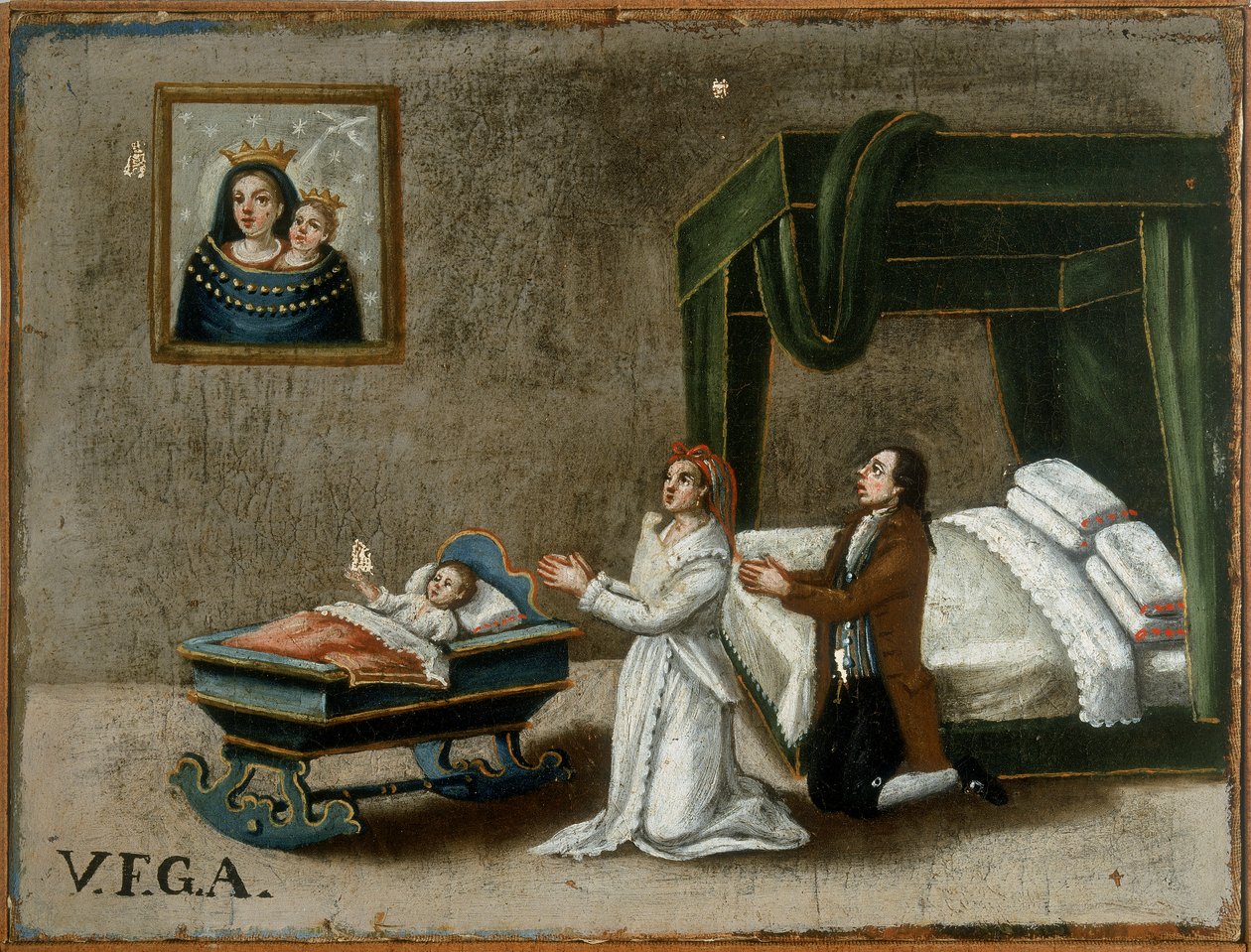 Padres rezando por la gracia para su hija en la cuna, ex-voto de Italian School