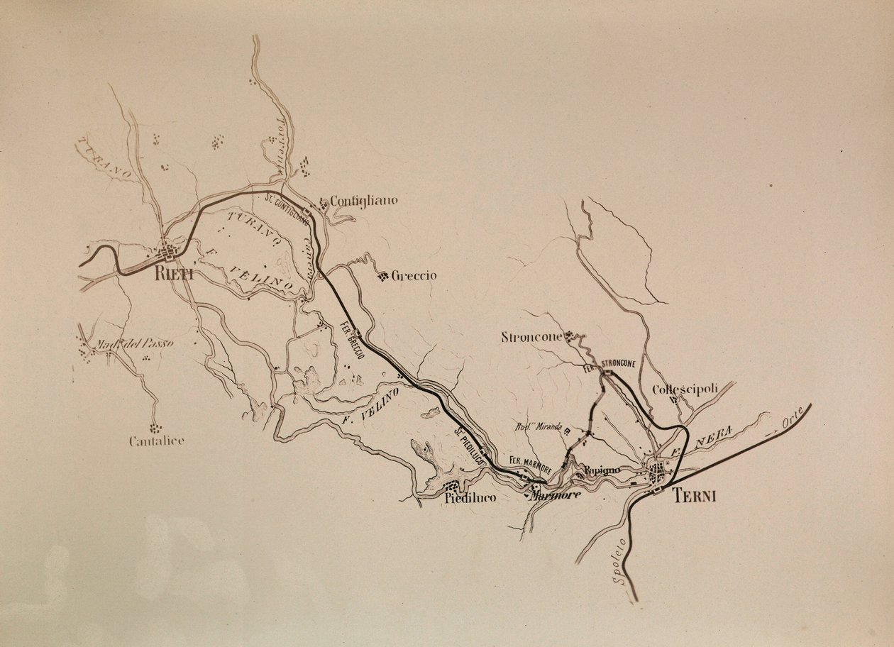 Societa Italiana para las vías del ferrocarril del sur: mapa de la línea ferroviaria Terni-Rieti, 1883 de Italian School
