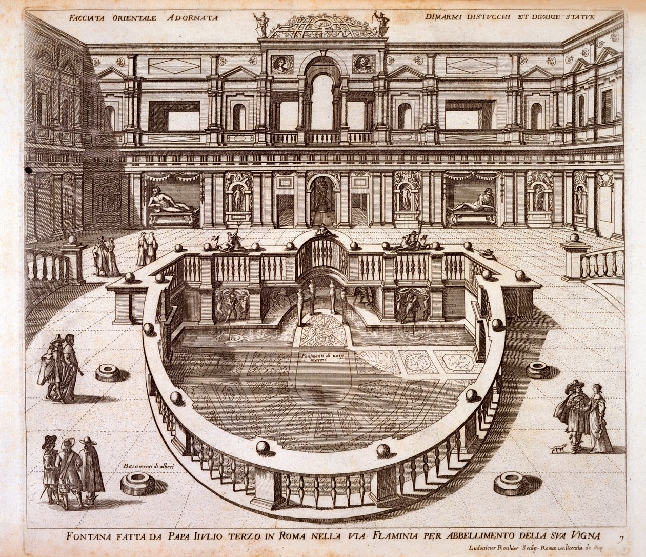 El patio de la fuente con pavimento de mármol y balaustrada construido para el Papa Julio III en su palacio cerca de la Via Flaminia, Roma de Italian School
