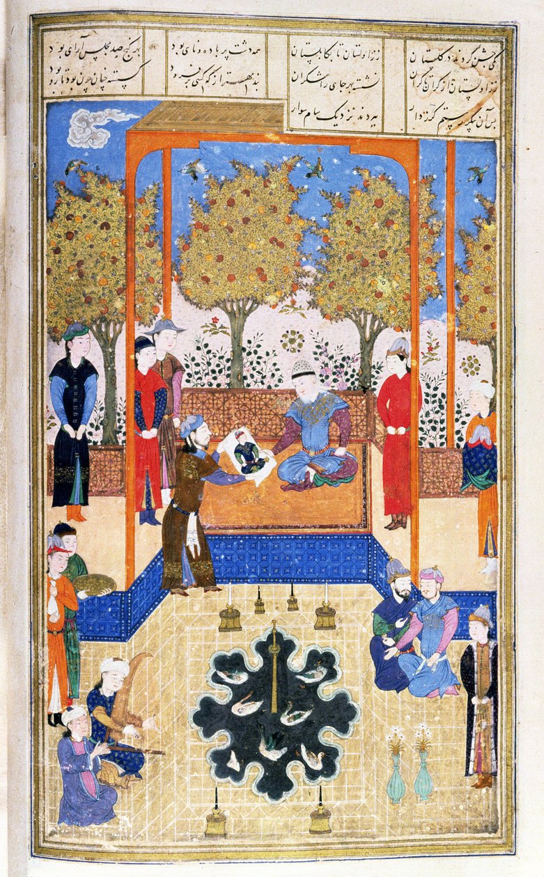 Retrato del Niño, Rustam Mostrado a su Abuelo Sam, ilustración del Shahnama (Libro de los Reyes), por Abul-Qasim Manur Firdawsi (c.934-c.1020) c.1440-45 de Persian School