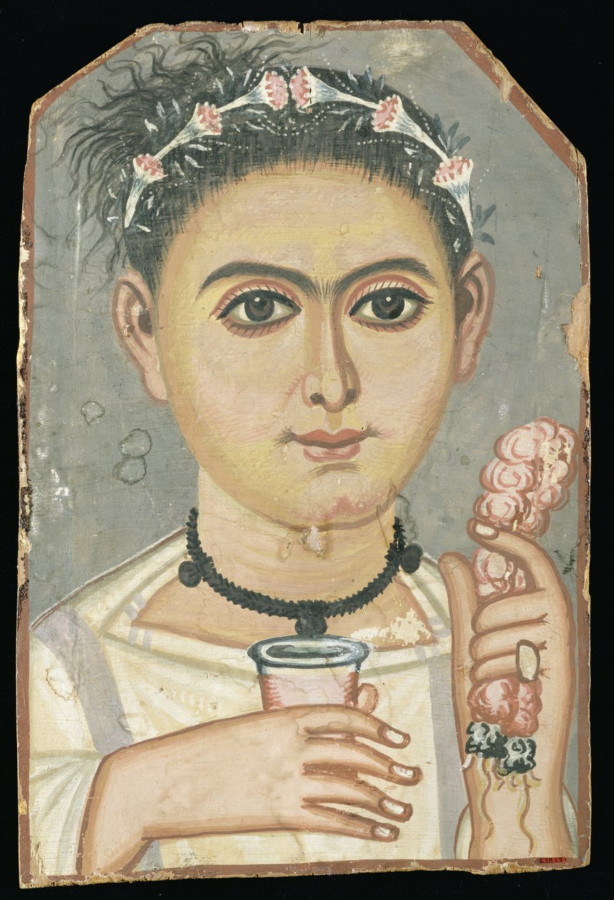 Retrato de una persona joven: niño con una guirnalda floral en el cabello, posiblemente de Er-Rubiyat, Faiyum, Egipto, c.200-230 de Roman